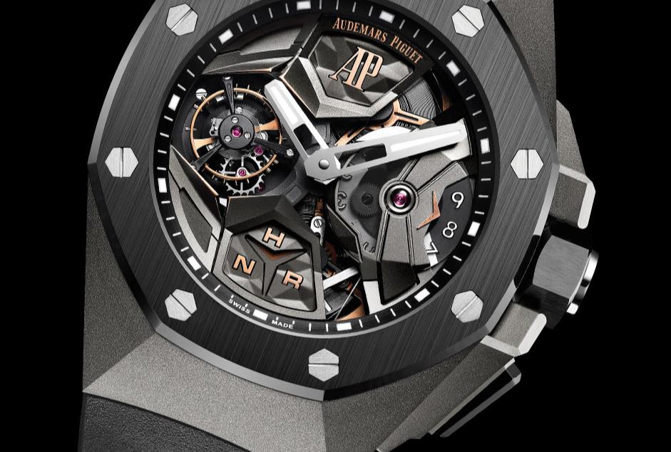 The 44 mm replica Audemars Piguet Royal Oak Concept Flying Tourbillon GMT 26589IO.OO.D002CA.01 watches have skeleton dials.