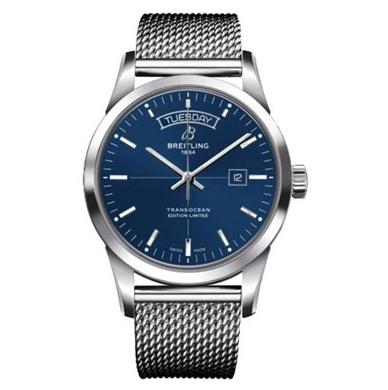 The 43 mm fake Breitling Transocean A453109T watches have blue dials.