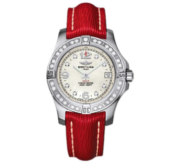 The red leather straps copy Breitling Colt A7438953 watches have white mother-of-pearl dials.