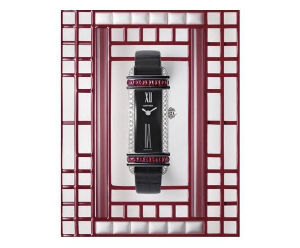 The black leather straps fake watches are decorated with rubies.